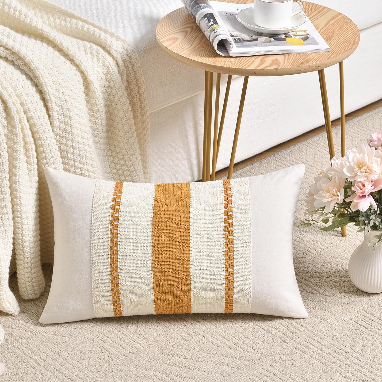 Fancy Homi Set of 2 Mustard Yellow Fall Lumbar Decorative Throw Pillow Cover 12x20 Inch for Couch Bed Sofa, Autumn Halloween Thanksgiving Home Decor, Soft Cotton Cushion Case