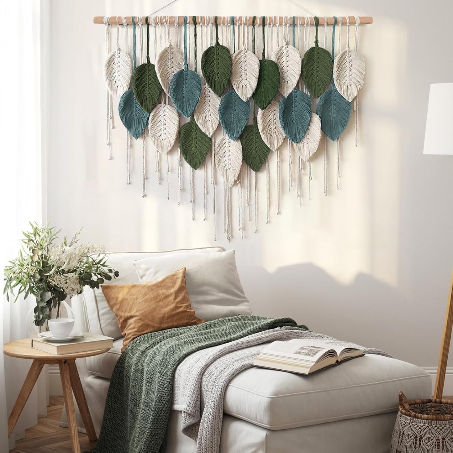 KHOYIME Macrame Wall Hanging Large Boho Home Decor, Bohemian Leaves Tapestry Modern Handmade Yarn Woven Feather Leaf Chic Wall Art Decorations for Bedroom Living Room Nursery Backdrop 39" W X 29.5" L