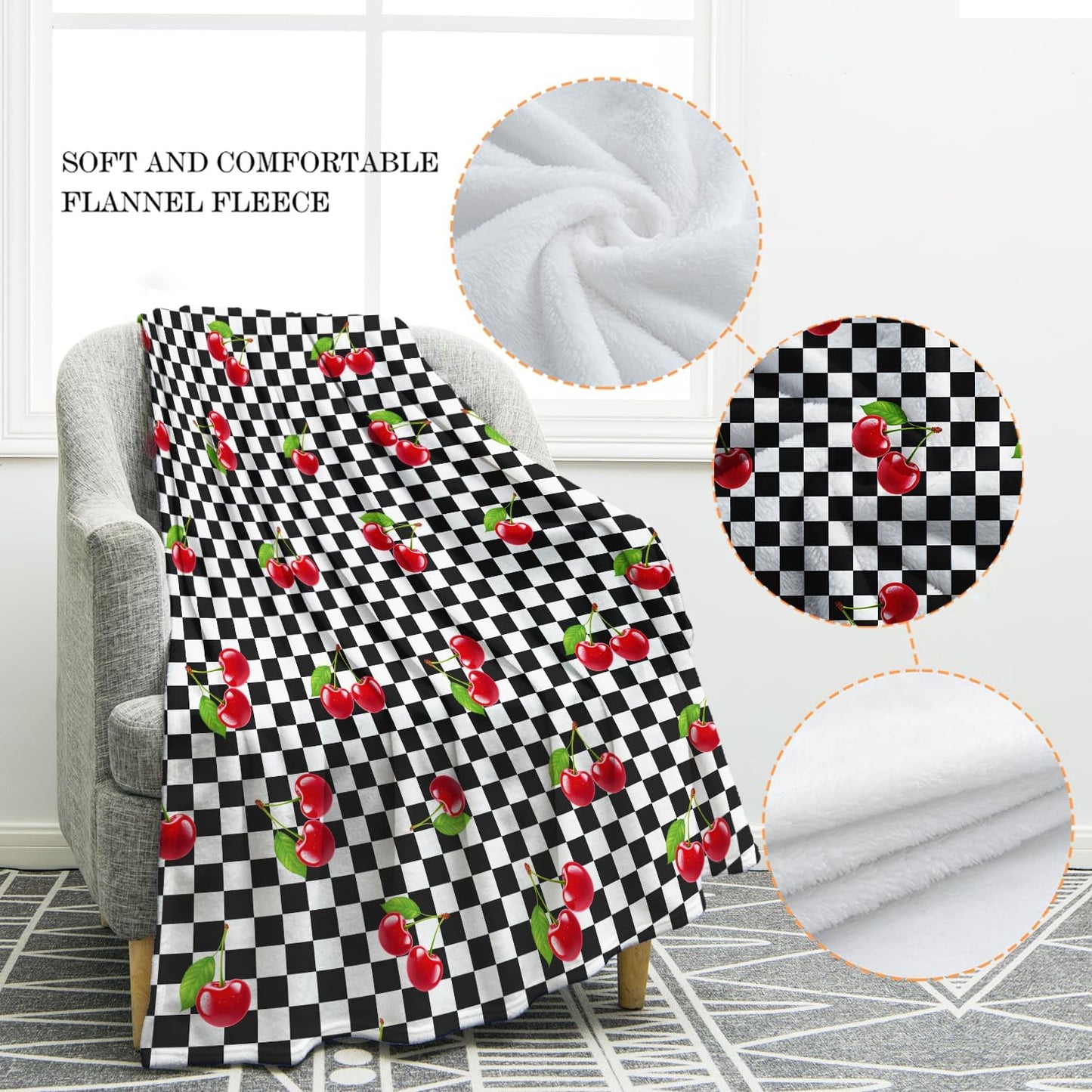 Jekeno Cherry Fruit Blanket Gifts for Women Kids Girls Boys Mom Wife Men Birthday Christmas Halloween Easter Presents Home Bedroom Living Room Bed Sofa Decor Black White Checkered Plush Throw 60"x80"