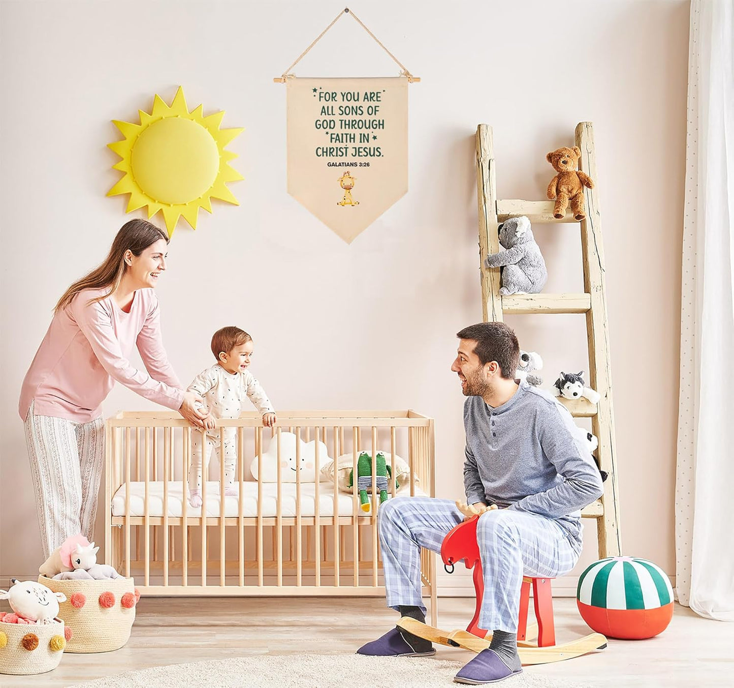 for You Are All Sons of God-Bible Verse Sign-Scripture Decor-Flag Decor Gift For Baby Boys Newborn Kids- Banner Wall Sign Gifts For Nursery Baby Room Playroom Bedroom Front Door