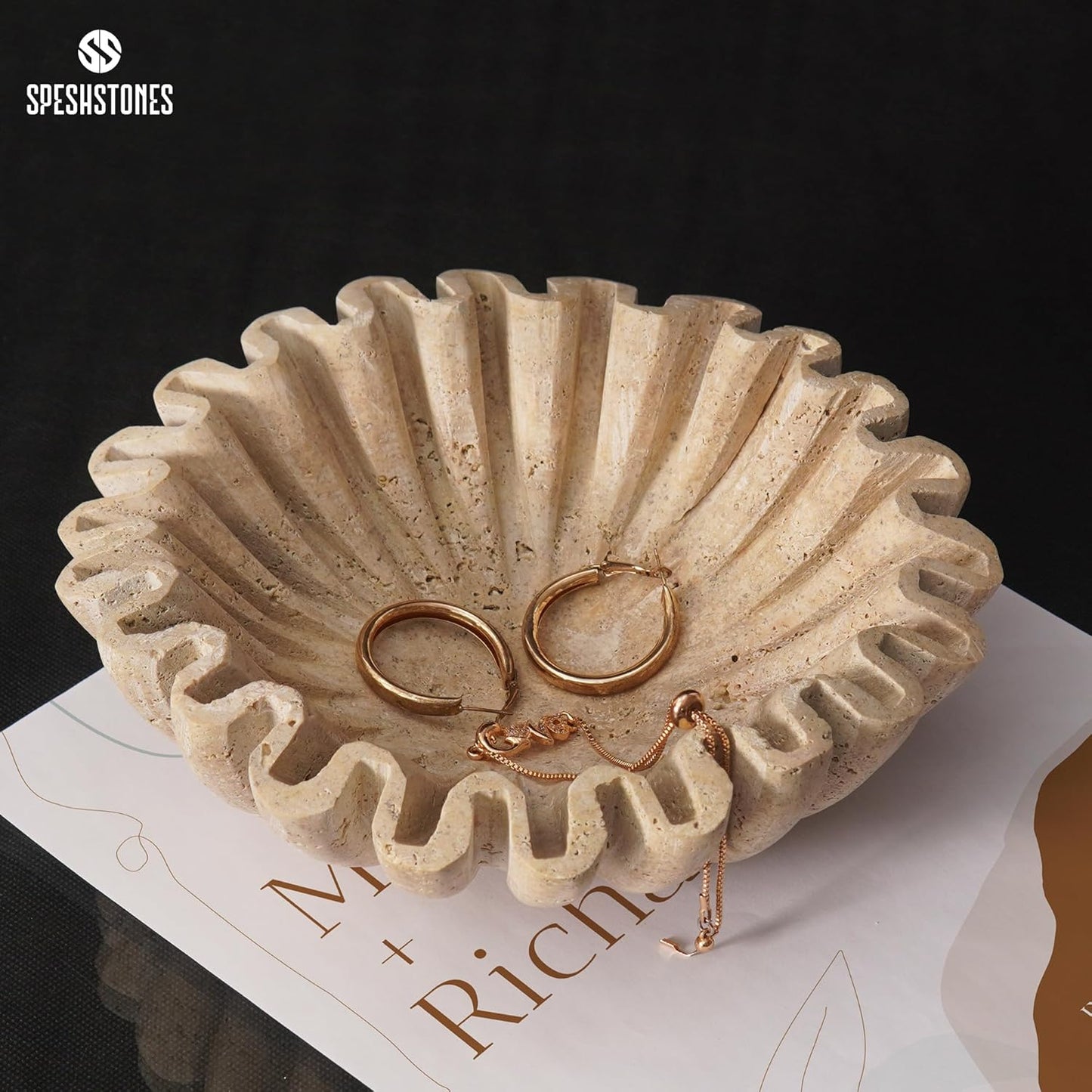 Marble Ruffle Bowl 8 Inch Handmade Travertine Fruit Bowl for Kitchen Counter - Large Decorative Scalloped Bowls for Dining, Coffee Table Centerpieces & Home Decor