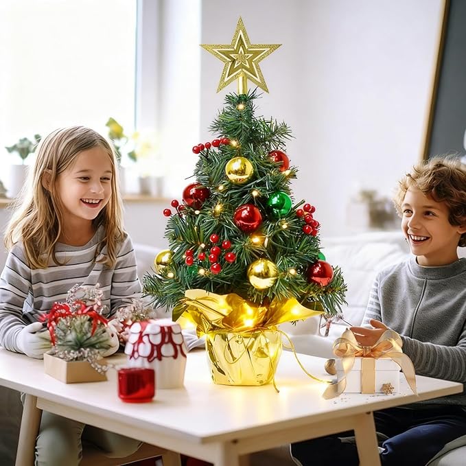 Tabletop Christmas Tree with LED String Lights,22In Pre-Decorated Mini Artificial Christmas Tree for Desktop,Star Treetop and Colored Oranments for Home Indoor Holiday Christmas Decoration-Red