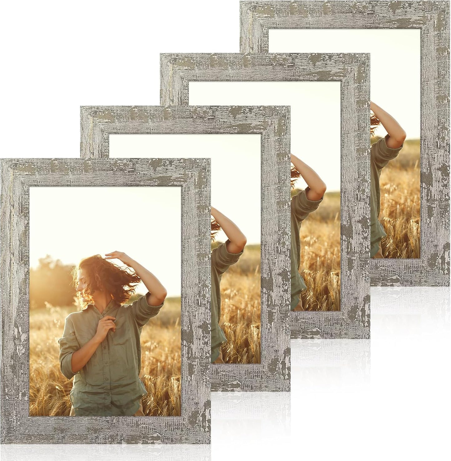 iRahmen 6x9 Picture Frame Set of 4, High Definition Glass Distressed Moss Green Frame, 6 x 9 Rustic Wood Photo Frames for Tabletop Display and Wall Mounting