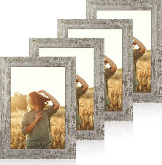 iRahmen 6x9 Picture Frame Set of 4, High Definition Glass Distressed Moss Green Frame, 6 x 9 Rustic Wood Photo Frames for Tabletop Display and Wall Mounting