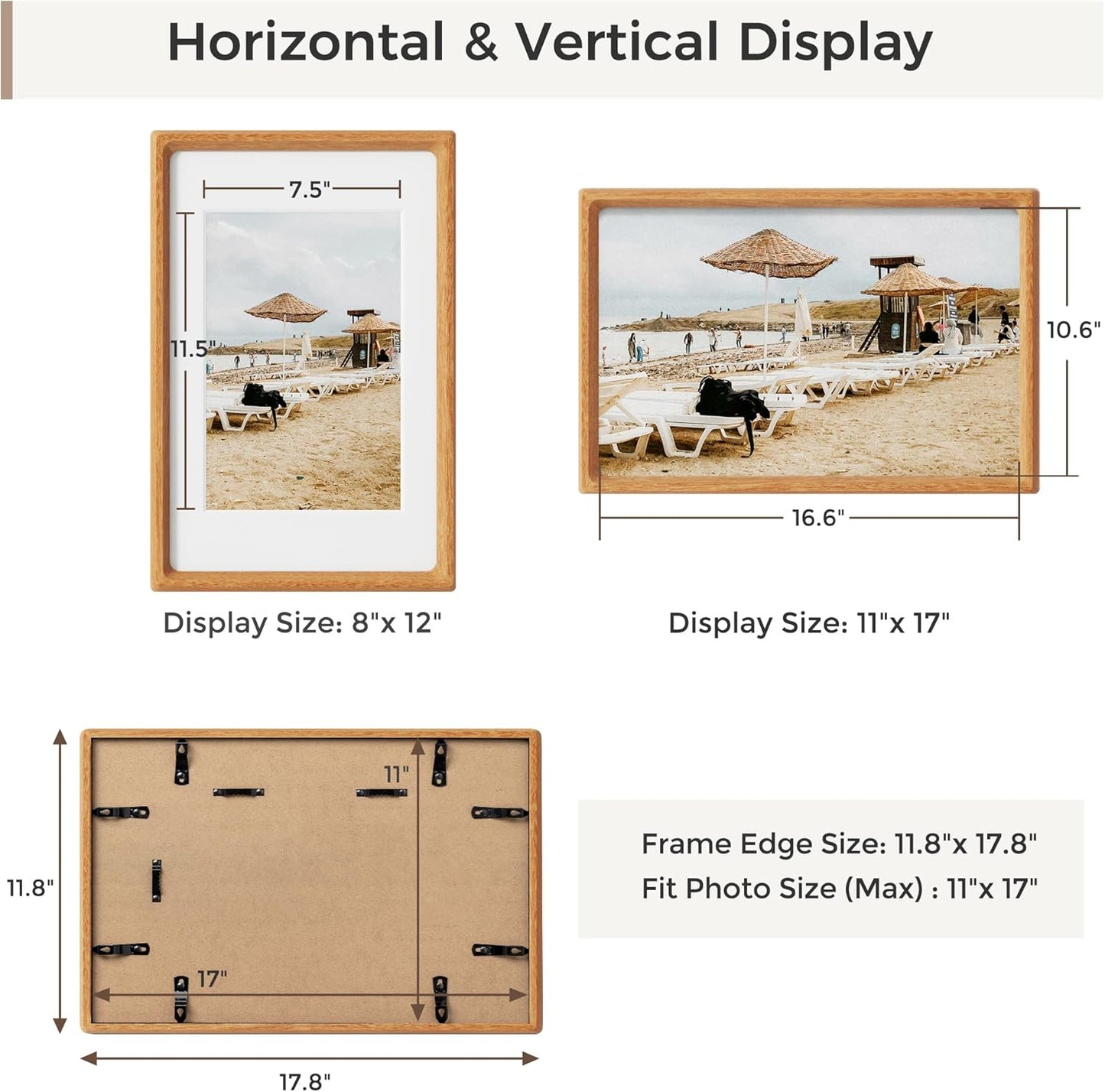Heimlove 11x17 Picture Frames Natural Teak,Original Wood Hand Make Crafted Diploma Frame with Mat to 8x12 Graduation Picture Display,Family Picture,Wedding Picture,Photo,Certificate Wall Mounted
