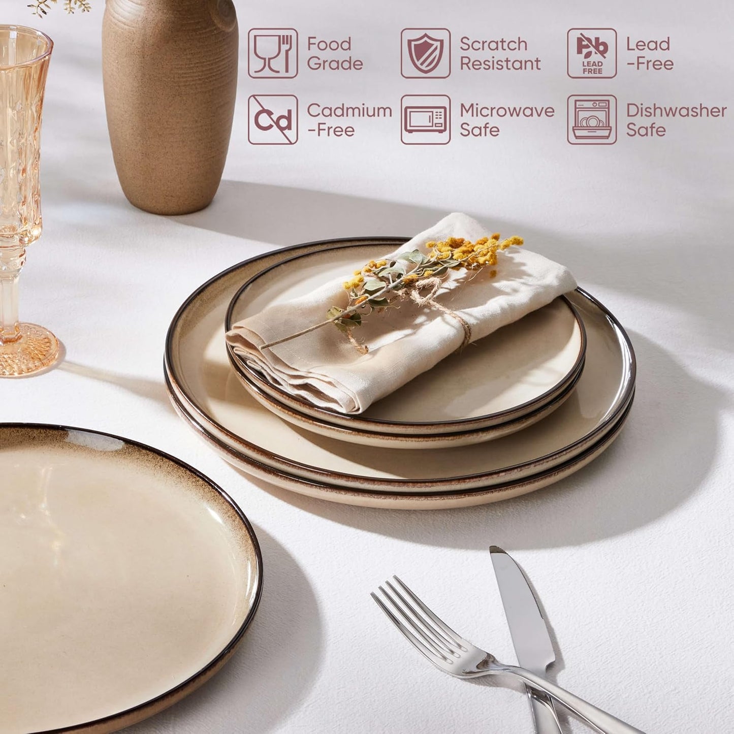 Herogo Ceramic 10.43 Inch Dinner Plates Set of 4, Stoneware Dinnerware Plate Set, Double Reactive Glaze Large Dinnerware Plates for Kitchen, Microwave, Oven & Dishwasher Safe, Cream Khaki