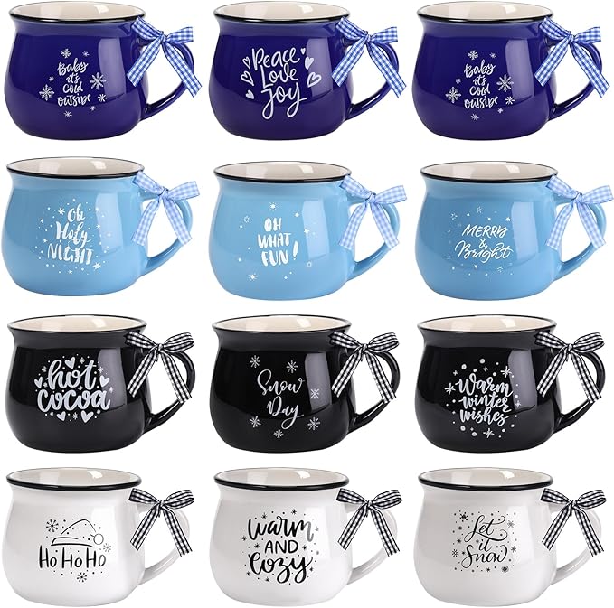 Zubebe Christmas Coffee Mugs Set of 12, 12 oz Hot Cocoa Ceramic Holiday Mugs Set for Mom, Woman, Family, Friend - Farmhouse Tiered Tray Decor, Coffee Bar Decor(Blue, White, Black)