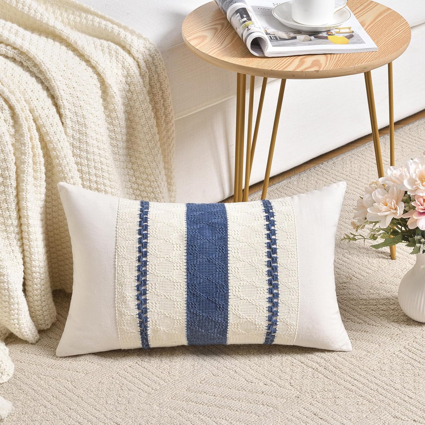 Fancy Homi Set of 2 Dusty Blue Vintage Lumbar Decorative Throw Pillow Covers 12x20 Inch for Couch Bed Sofa Chair Bedroom, Rustic Retro Square Cushion Case, Modern Farmhouse Boho Living Room Decor