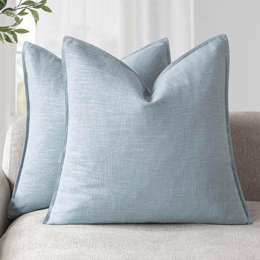 Foindtower Pack of 2, Decorative Linen Soild Throw Pillow Covers Soft Accent Euro Cushion Case Boho Farmhouse Pillowcase for Chair Couch Sofa Bedroom Living Room Home Decor 16 x 16 Inch Sky Blue