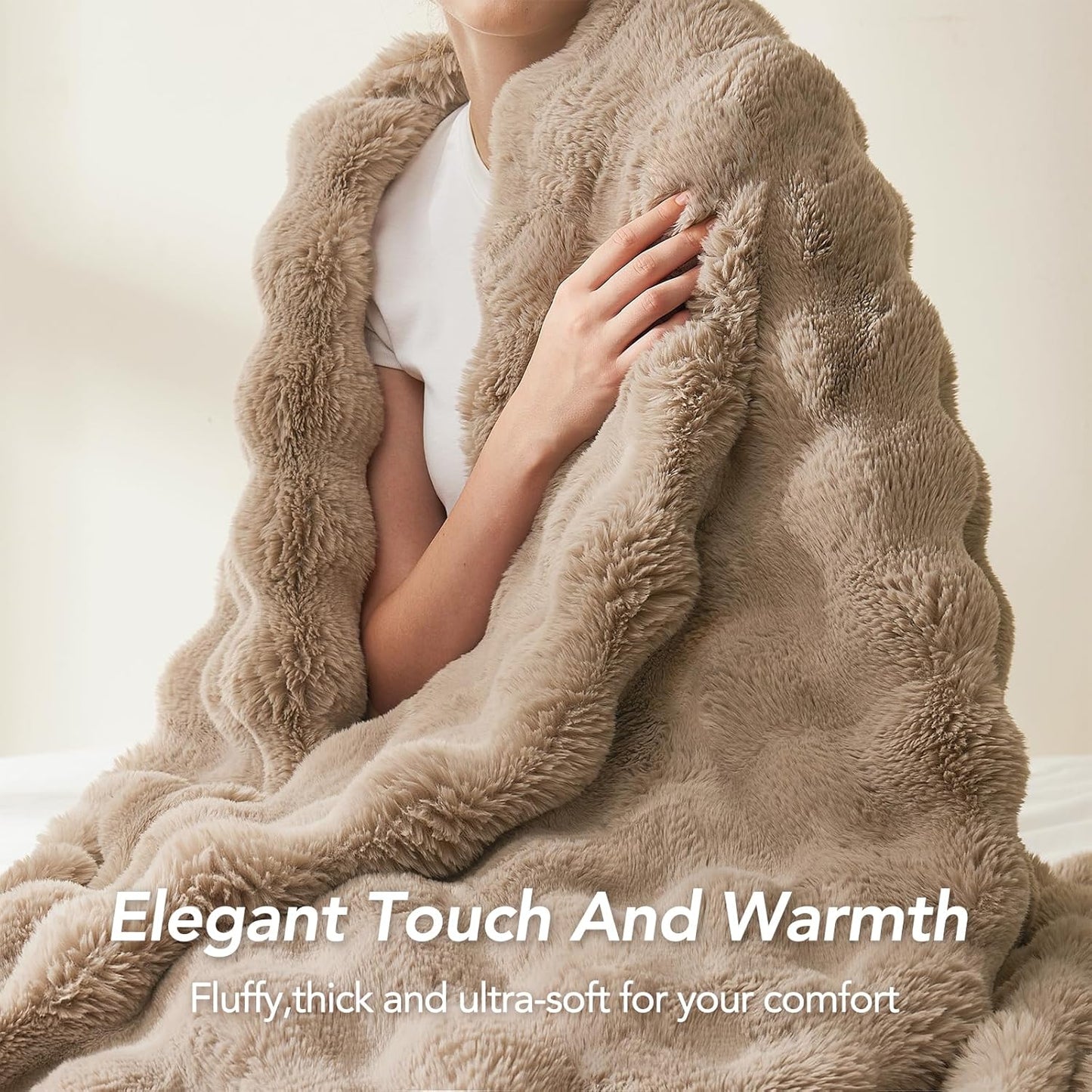 L'AGRATY Faux Fur Throw Blanket: 60" x 80" Luxury Soft Fluffy Rabbit Fur Blankets Twin for Couch Bed Sofa - Cozy Plush Bubble Blankets for Winter: Flannel Fleece Decorative Blanket(Light Linen)