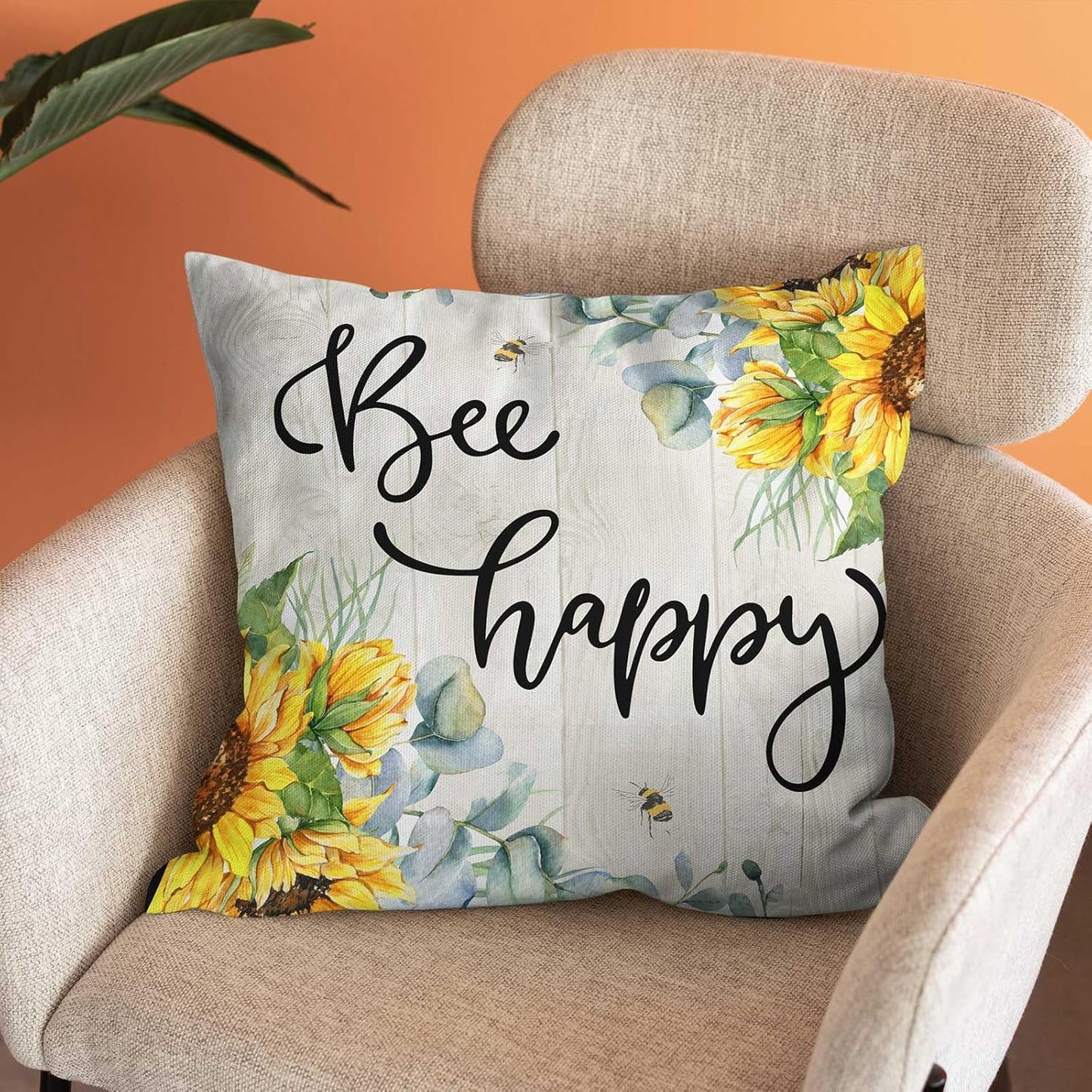 Bee Happy Sunflower Throw Pillow Cover 18x18 Inch,Spring Summer Sweet Bee Honey Pillow Covers Farmhouse Home Decorative Pillow Case