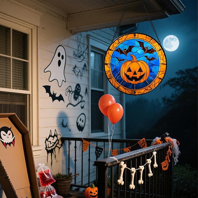 Stained Glass Window Hanging - Halloween Evil Pumpkin Suncatcher for Doors Window Garden Indoor Spooky Brown Bat Sun Catchers Gothic Decor Horror Gifts for Women Men Friend Boy Girl 6.3 in