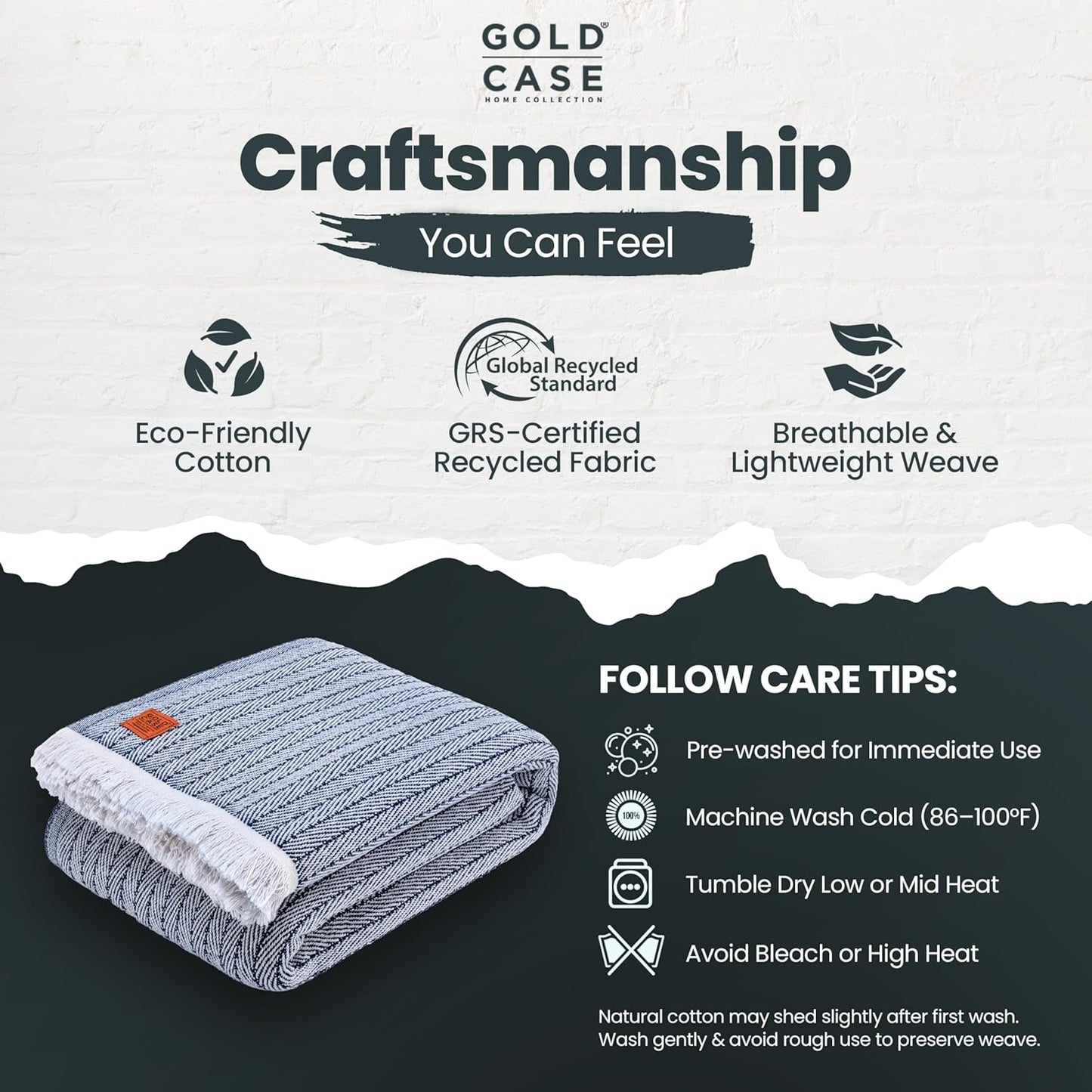 Gold Case Throw Blanket for Bed - 100% Recycled Turkish Cotton Blanket - Vintage Lightweight Soft Throw Blankets for Bed & Living Room - Queen Size Cozy Blankets - 90x90 - Navy Blue