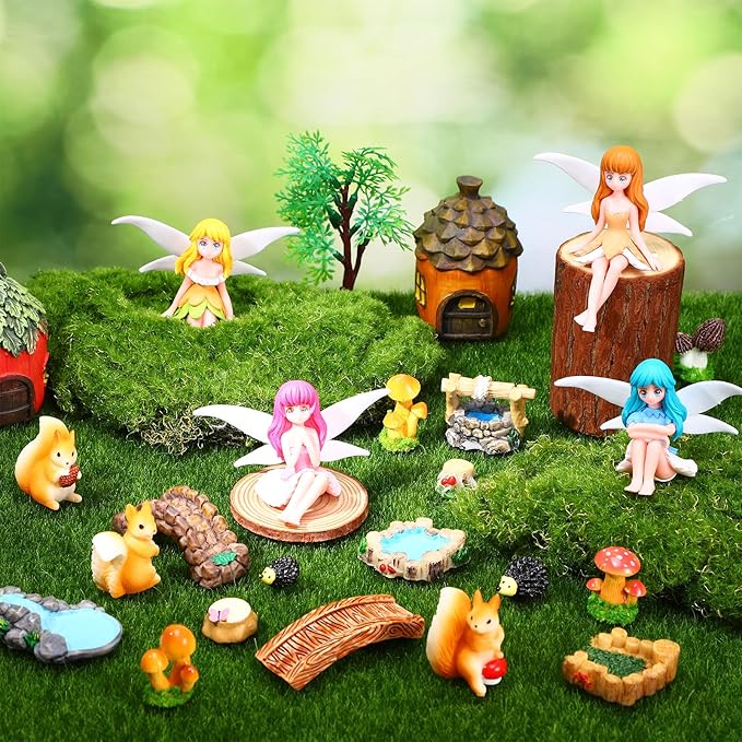 25Pcs Fairy Garden Accessories, Miniature Garden Ornaments Landscape Decorations Mini Fairy Figures Animal Plant Furniture Set for DIY Terrarium Potted Plants Dollhouse Desk Decor