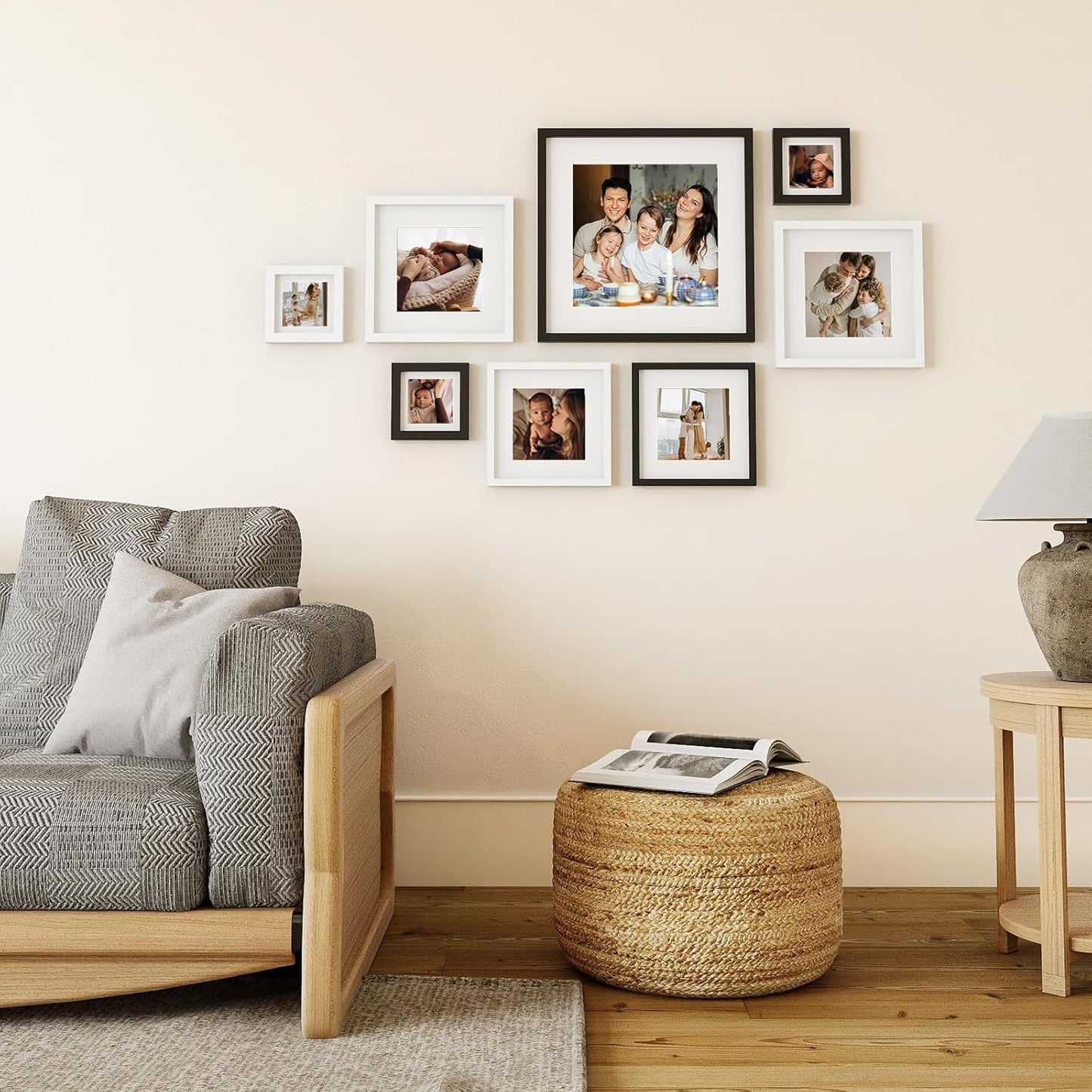 KINLINK 5x5 Picture Frame, White Square Solid Wood Frames for Pictures 4x4 with Mat or 5x5 without Mat, Wall and Tabletop Display Photo Frames White 4 Pack