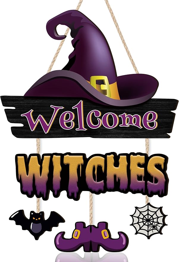 Welcome Witches Door Sign,Witch Legs Hat Wooden Hanging Sign,Rustic Halloween Bat Wall Decor,Halloween Witch Theme Wooden Sign,Spider Web Wall Plaque for Porch Yard Home Room Farmhouse Garden
