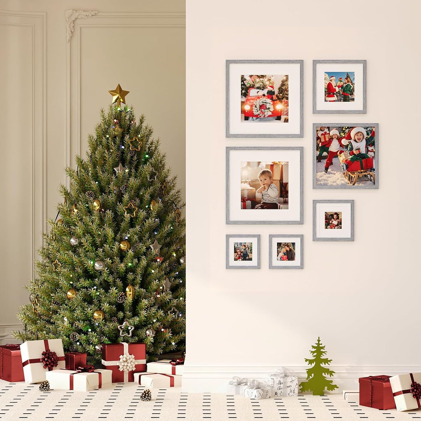 KINLINK 14x14 Picture Frame, Grey Square Solid Wood Frames for Pictures 8x8 with Mat or 14x14 without Mat, Wall Display Photo Frames Grey Wood 4 Pack