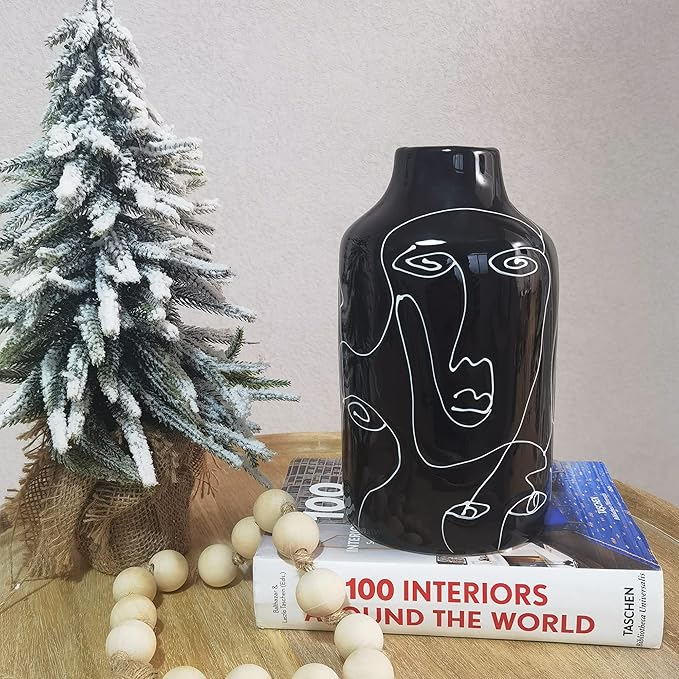 Kimdio Ceramic Vase Irregular face Design Decorative Flower Vase for Home Decor Living Room, Home, Office, Centerpiece,Table and Wedding B-Black