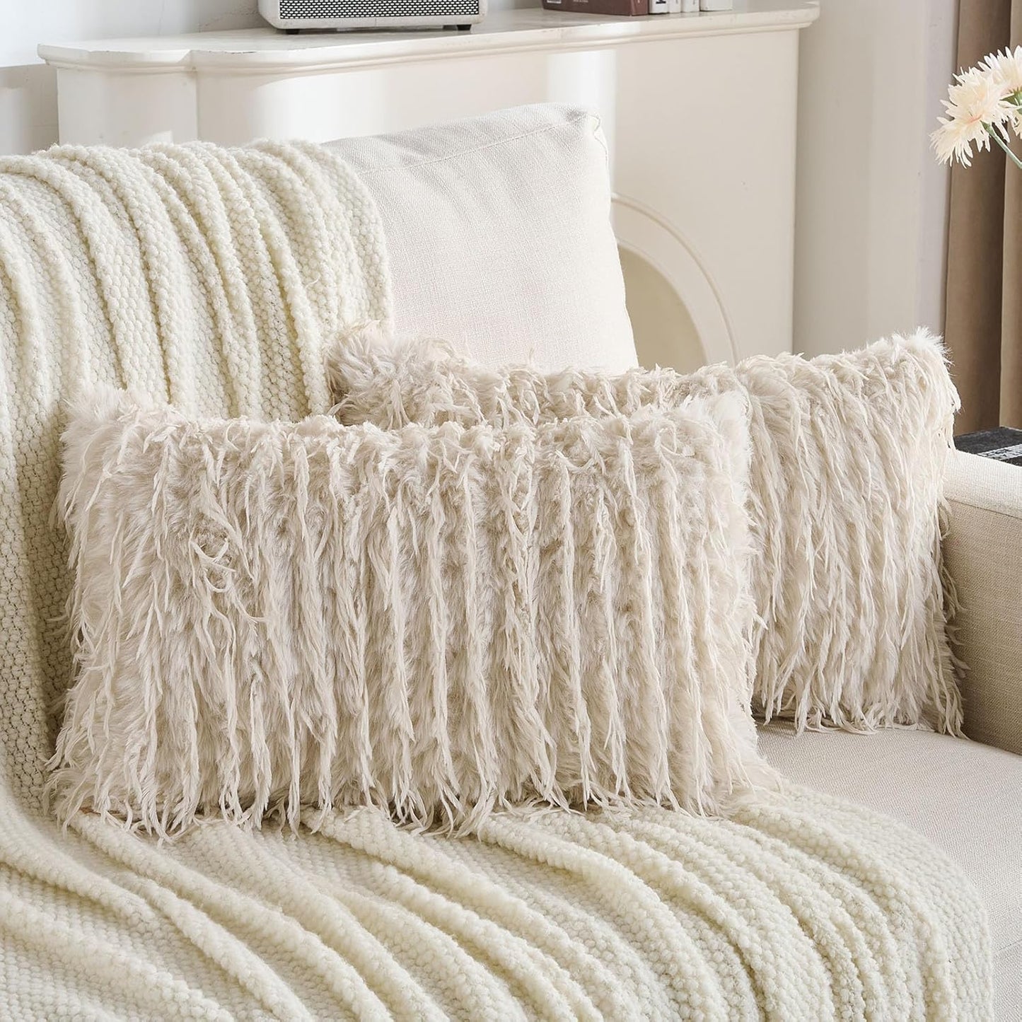FUTEI Beige Decorative Throw Pillow Covers 12x20 Inch Set of 2,Soft Fluffy Faux Feather Texture Lumbar Pillow Cases,Modern Home Luxury Decor for Couch Bed Living Room