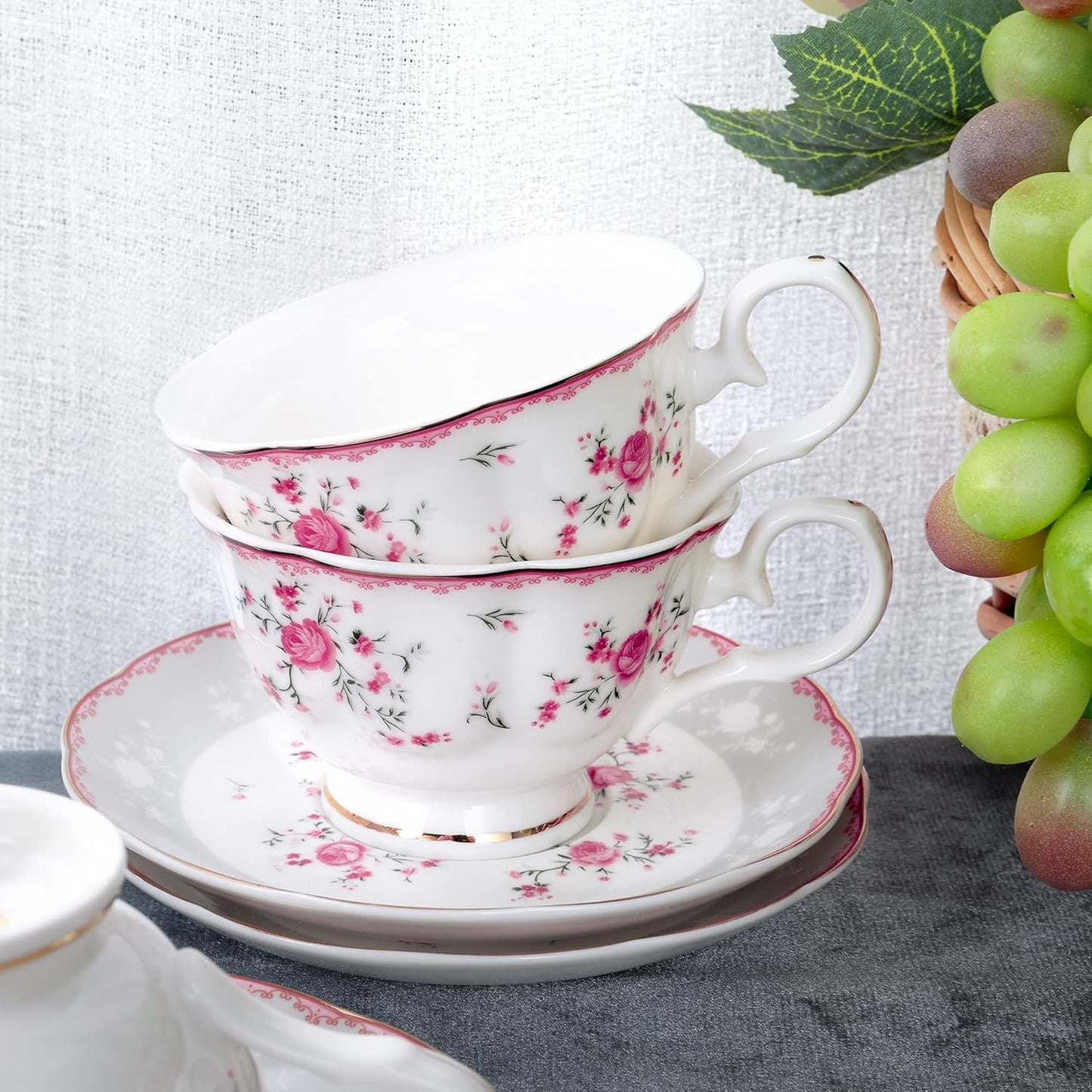 fanquare Pink Rose Tea Cup and Saucer Set for 6, British Vintage Afternoon Cup Set, Porcelain Coffee Cup with Gold Border, 5 oz