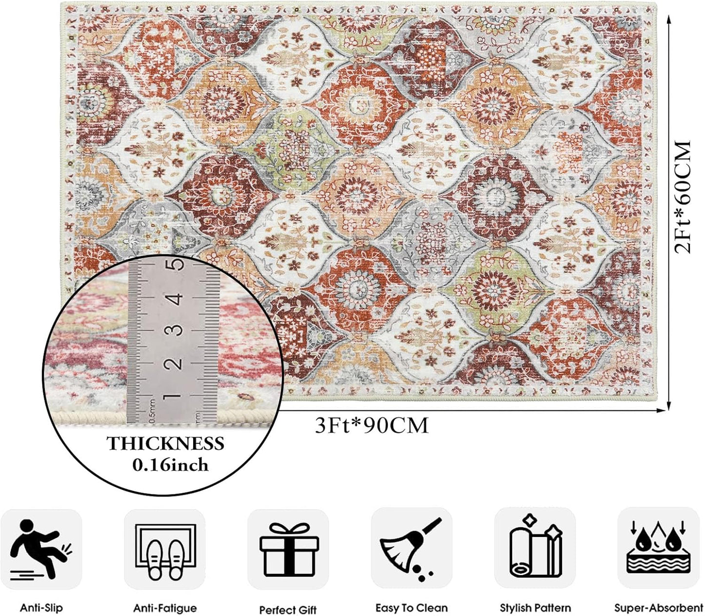 Lahome Moroccan Trellis Washable Orange Rug, 2x3 Entryway Rugs for Kitchen Bathroom, Non-Slip Indoor Door Mat Ultra-Thin, Small Throw Carpet for Bedroom Entry, Orange/Terracotta