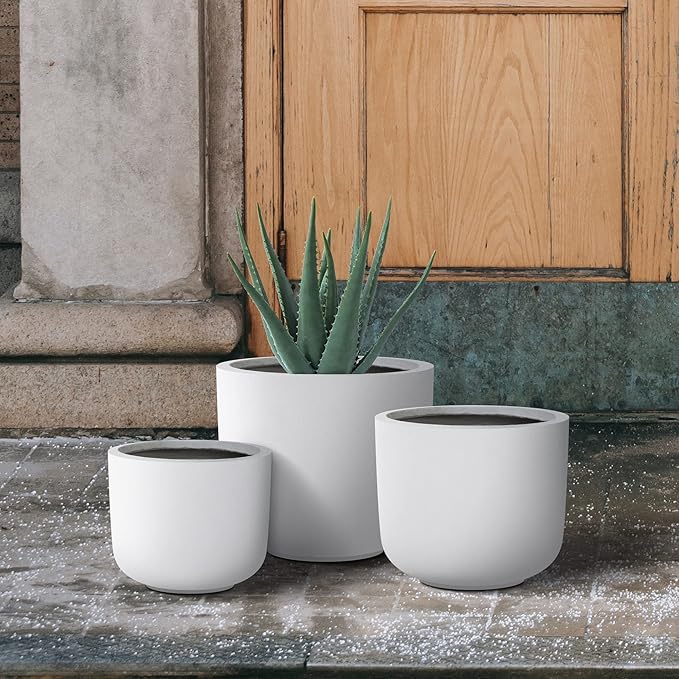 Kante 13",11",9" Dia Pure White Concrete Round Planters (Set of 3), Outdoor Indoor Modern Planter Pots, Lightweight, Weather Resistant, Seamless with Drainage Hole