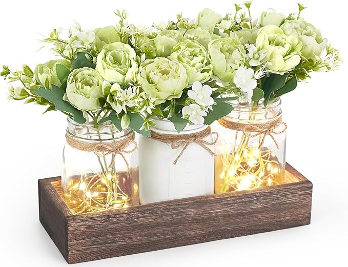 Mkono Mason Jar Lights Centerpiece Table Decorations for Dining Room Farmhouse Coffee Table Decor Wood Tray with 3 Jars Flowers for Kitchen Living Dining Room (Light Green)