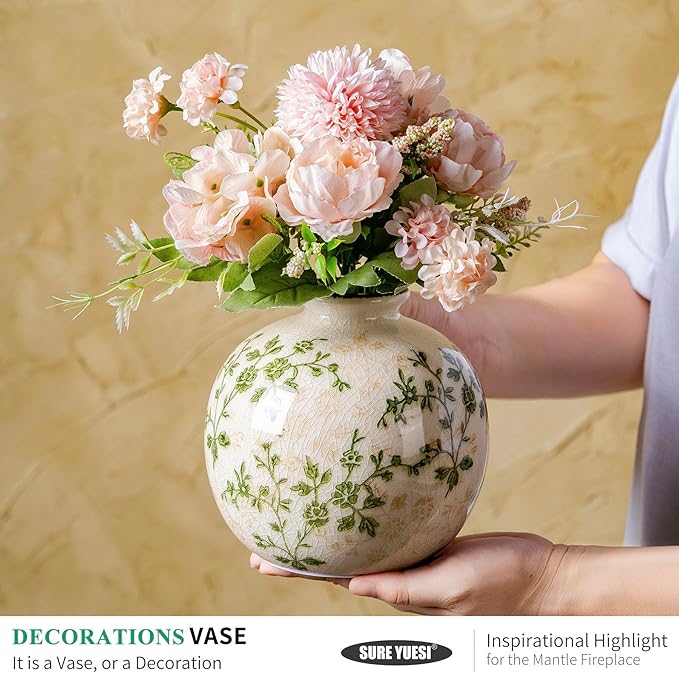 Green and Beige Pastoral Vase, Vintage Round Ceramic Floral Vases, Decorative Rustic Farmhouse Vase for Flowers, Living Room, Office Chinoiserie Home Decor, Tuscan Cottage Core Centerpiece 5.9 Inch