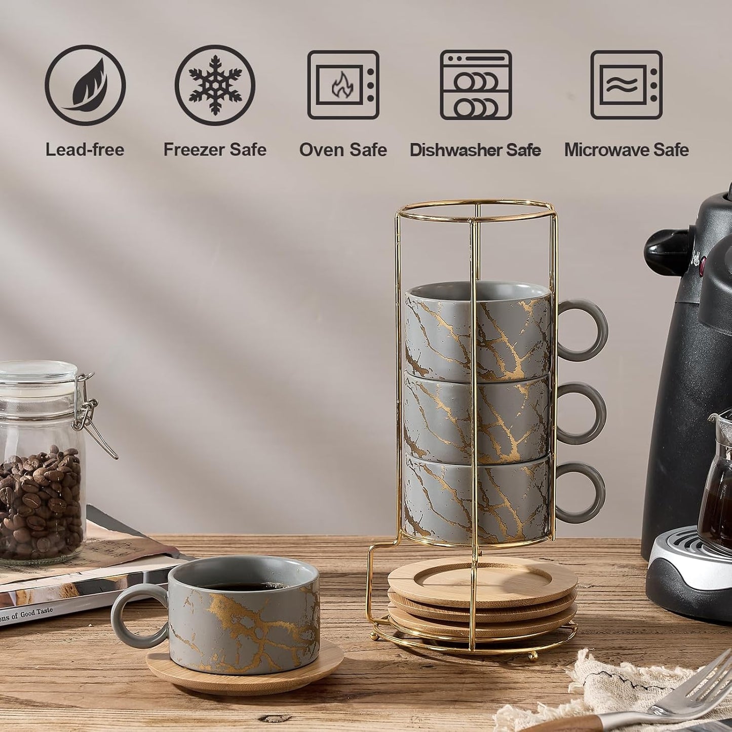 LUKA 6 Ounce Porcelain Stackable Espresso Cups with Saucers and Metal Stand Set of 4, Ceramic Cappuccino Cups Set for Specialty Coffee Drinks, Latte, Cafe Mocha and Tea, Gray