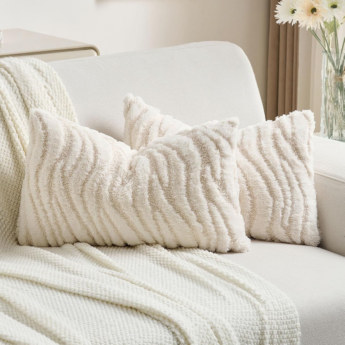 FUTEI Cream Decorative Throw Pillow Covers 12x20 Inch Set of 2,Soft Faux Fur Geometric Shapes Texture Pillowcase,Boho Home Decor for Couch Bed Living Room