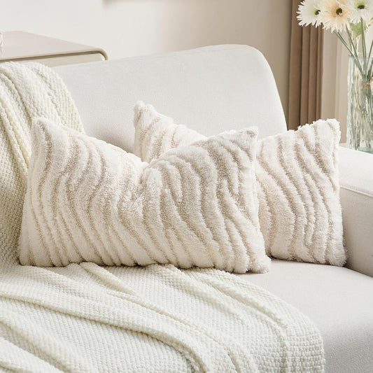 FUTEI Cream Decorative Throw Pillow Covers 12x20 Inch Set of 2,Soft Faux Fur Geometric Shapes Texture Pillowcase,Boho Home Decor for Couch Bed Living Room