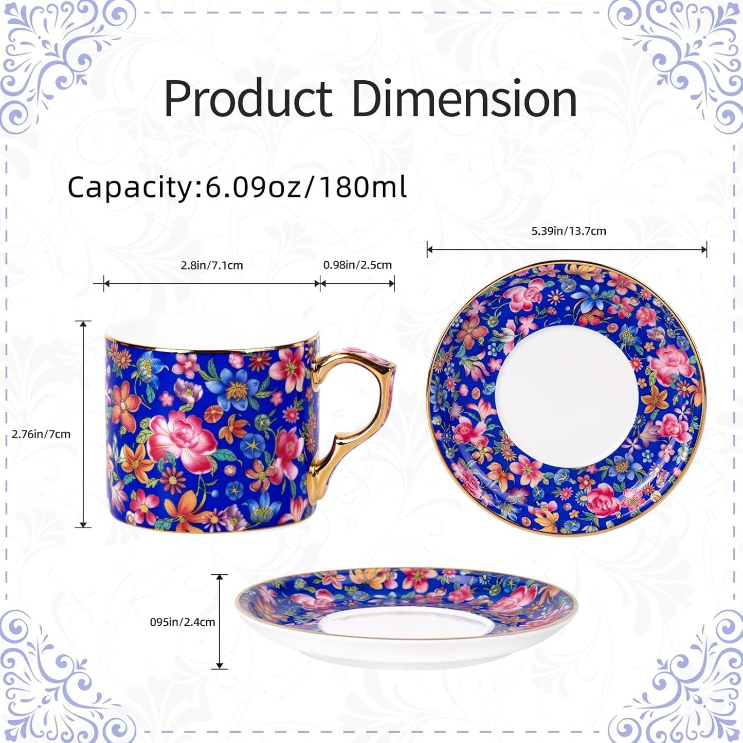 KAMMAK Tea Cups and Saucers Set of 2, Ceramic Coffee Cup with Saucer for Espresso, Cappuccino, 7oz Vintage Yellow and Blue Floral Porcelain Demitasse Mug for Home, Tea Party, Office