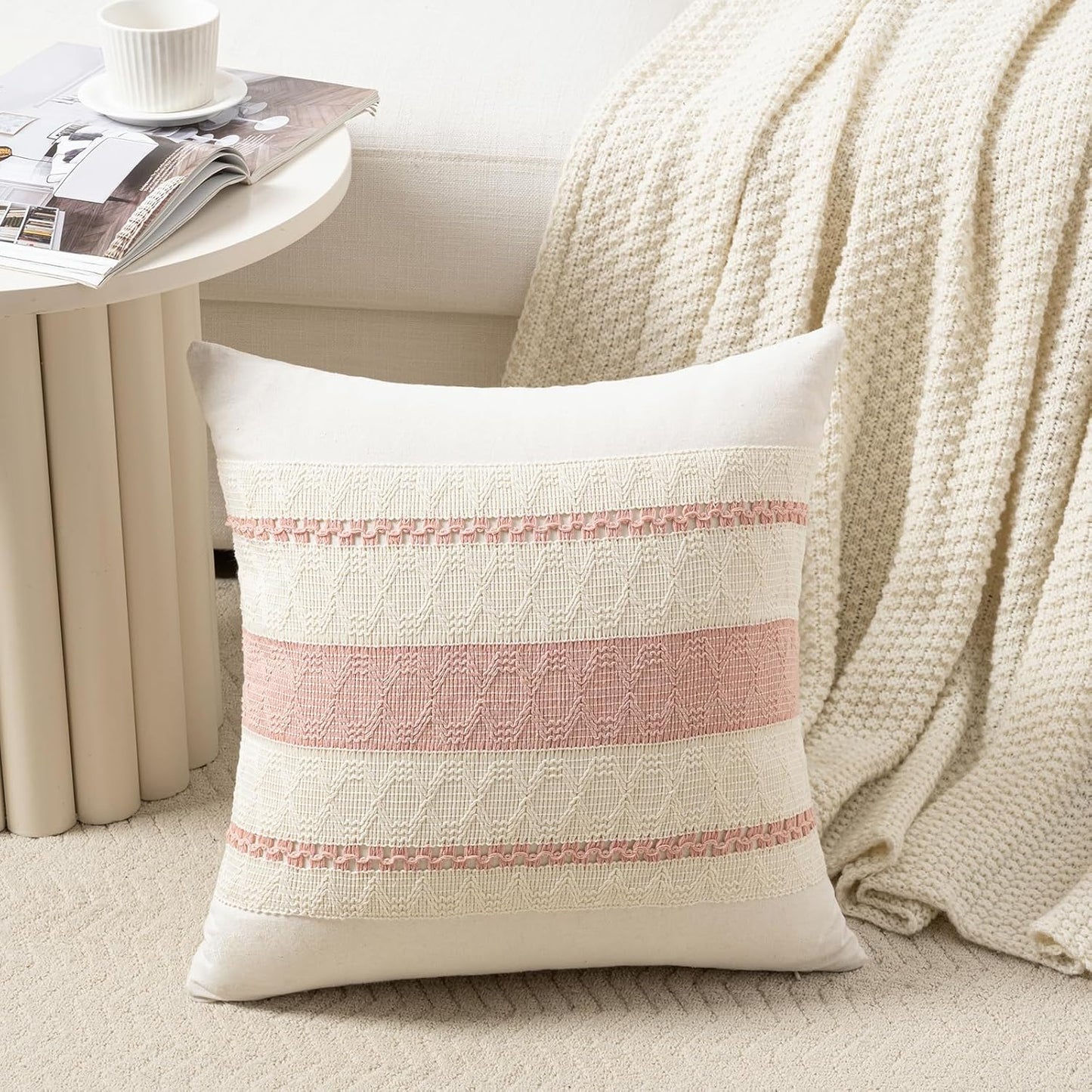 Fancy Homi Set of 2 Boho Pink Euro Decorative Throw Pillow Cover 26x26 Inch for Couch Bed Bedroom, Aesthetic Modern Organic Farmhouse Room Decor, Soft Cotton Accent Macrame Woven Cushion Case