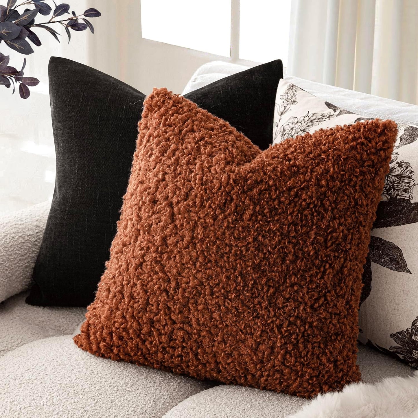 Foindtower 2 Pieces 16x16 Inch Hazel Brown,Faux Fur Throw Pillow Cover Accent Sherpa Furry Pillow Covers Fuzzy Soft Pillowcases Cozy Sheepskin Decorative Fleece Cushion Case for Bed Couch Living Room