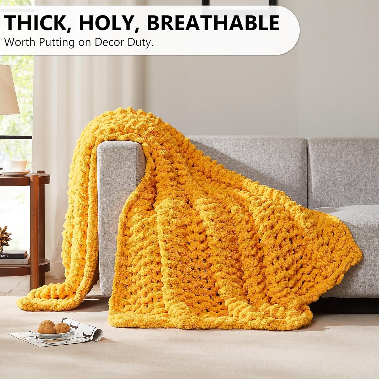 L'AGRATY Chunky Knit Blanket Throw: 72''x84'' Chenille Chunky Knitted Throw Blanket for Bed Couch - Handmade Thick Big Cable Knit Blanket - Large Chunky Crochet Rope Blanket for Home Decor(Yellow)