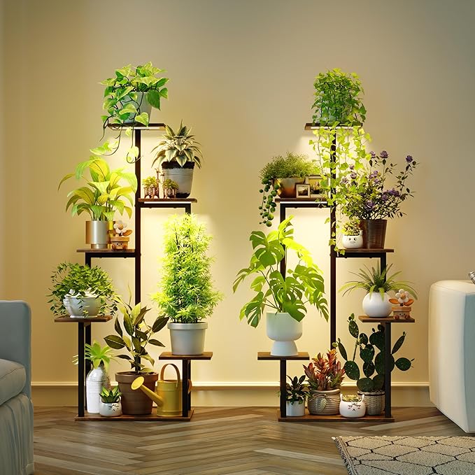 Plant Stand Indoor with Grow Lights - Tiered Corner Shelf Small Metal Lighted Flower Rack Multiple
