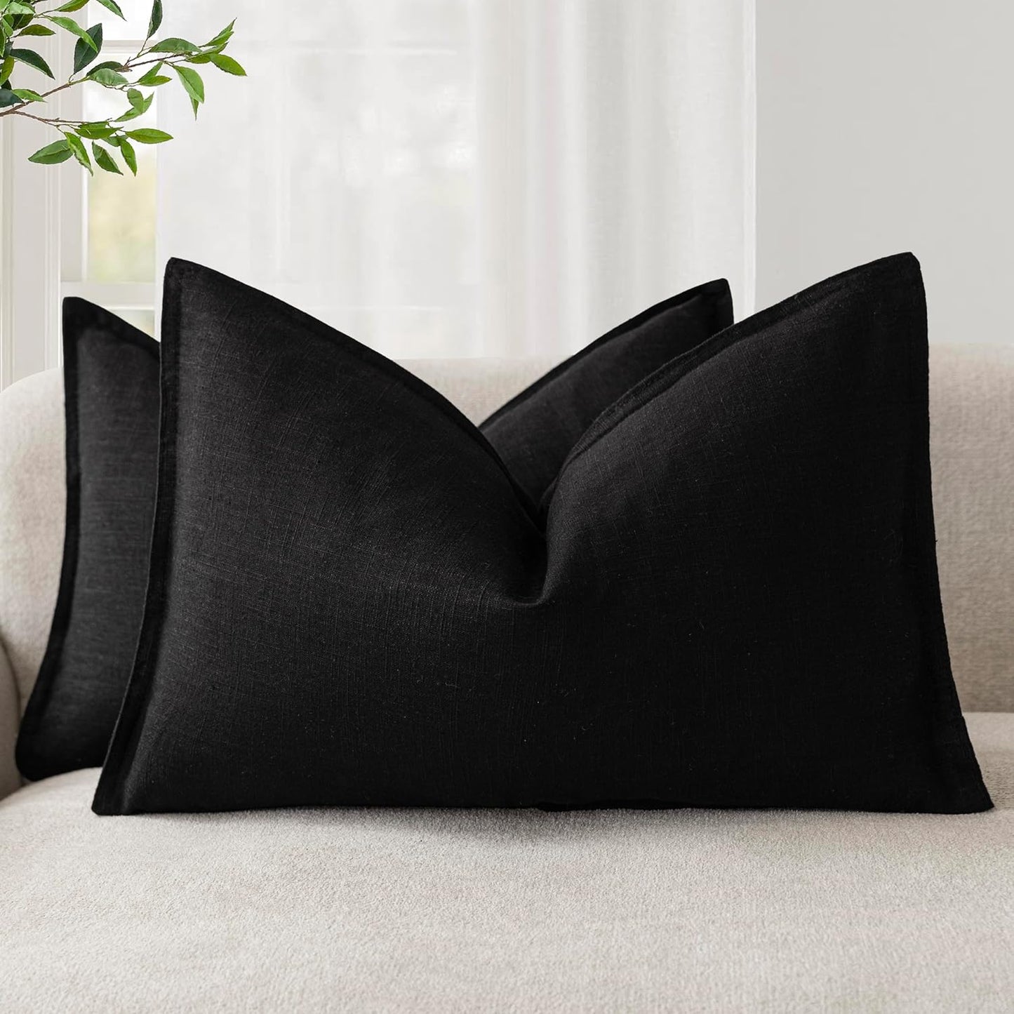 Foindtower Pack of 2, Decorative Linen Soild Throw Pillow Covers Soft Accent Lumbar Cushion Case Boho Farmhouse Pillowcase for Chair Couch Sofa Bedroom Living Room Home Decor 12 x 20 Inch Black