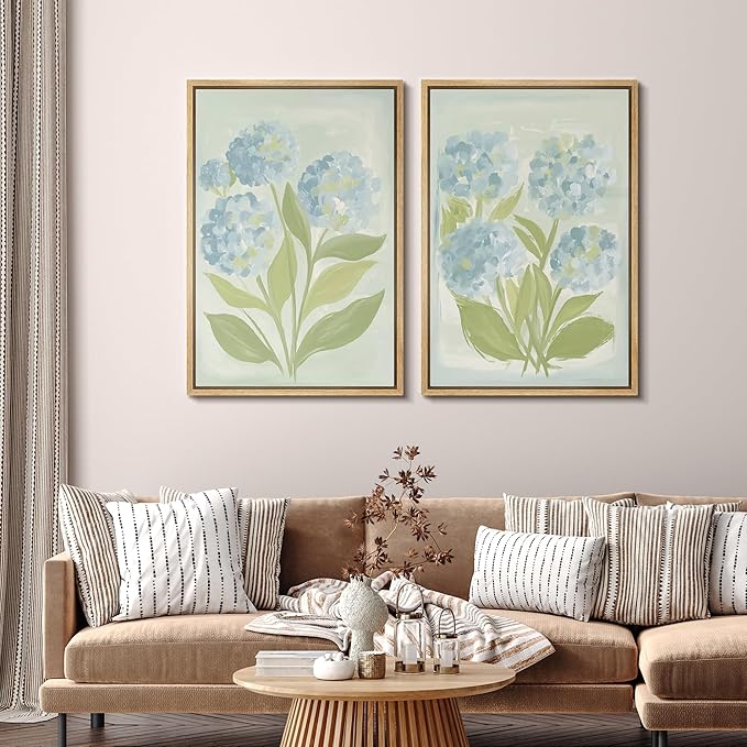 SIGNFORD Framed Canvas Print Wall Art Set Soft Hydrangea Pair Light Blue Florals with Green Leaves Illustration Modern Art Decorative Nature for Living Room, Bedroom, Office - 16"x24"x2 Natural