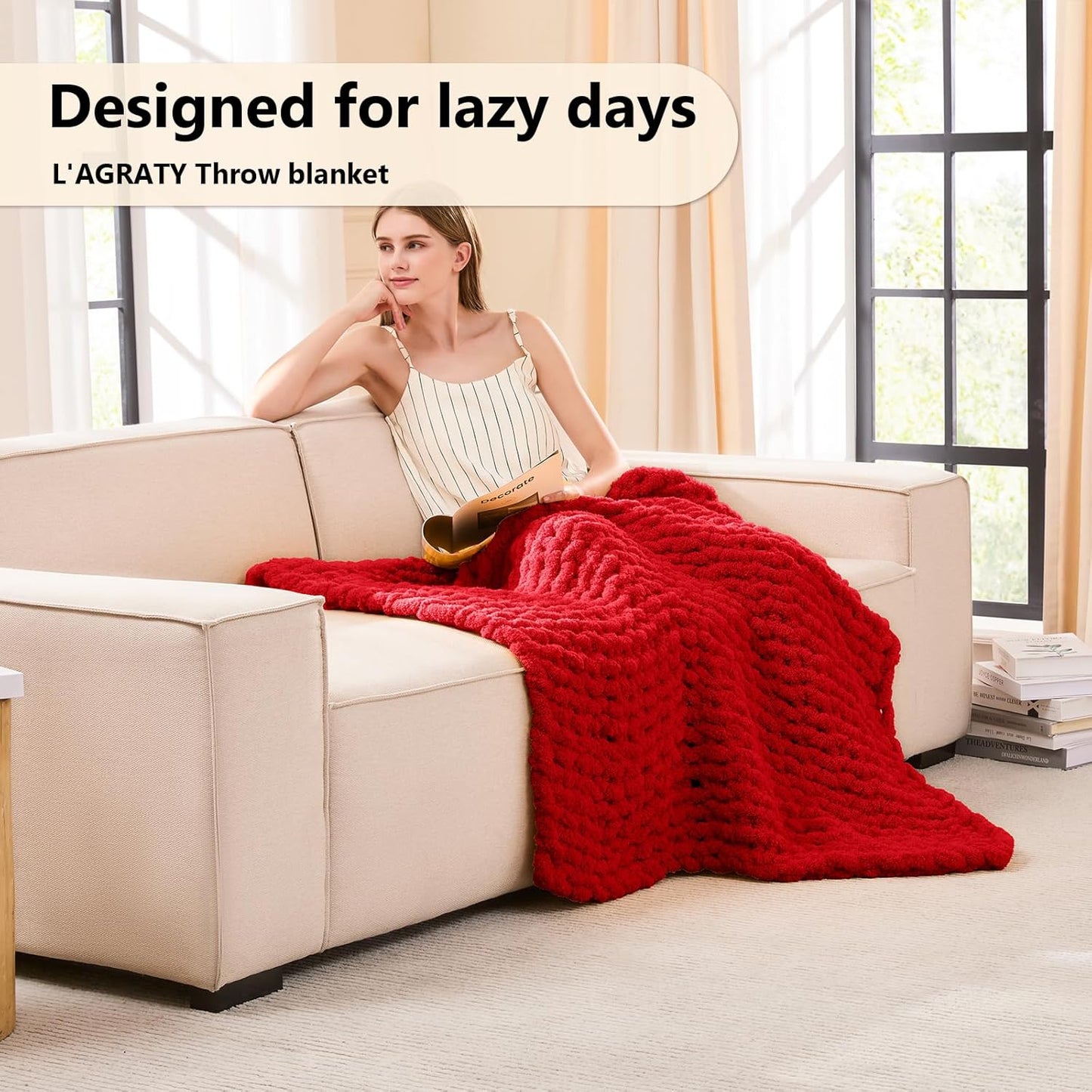 L'AGRATY Chunky Knit Blanket Throw - Soft Chunky Throw Blankets 40x50: 100% Hand Kintted Chenile Crochet Large Cable Knit Blanket - Rope Knot Throw Blankets for Couch Home Decor(Red)