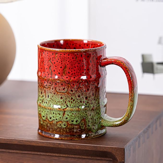 20 Oz Coffee Cups-Beer Mug, Large Ceramic Coffee Mugs, Handmade Pottery Mug, Tea Cups with Handle for Office and Home, Dishwasher and Microwave Safe (Red & Green)