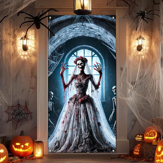 IVN Halloween Door Cover Skeleton Bride Horror Gothic 71x35 Inch Scary Spooky Haunted House Seasonal Entryway Decoration Patio Door Banner Home Decor Welcome Sign Indoor Outdoor
