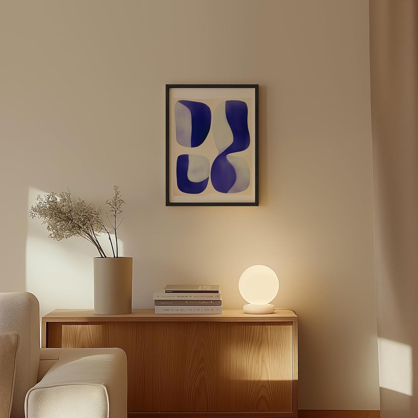 HAUS AND HUES Modern Abstract Wall Art - Blue and Green Living Room Art, Modern Artwork for Walls, Minimalist Picture for Living Room(Blue Tribal Shapes 2, Black Frame, 12x16)