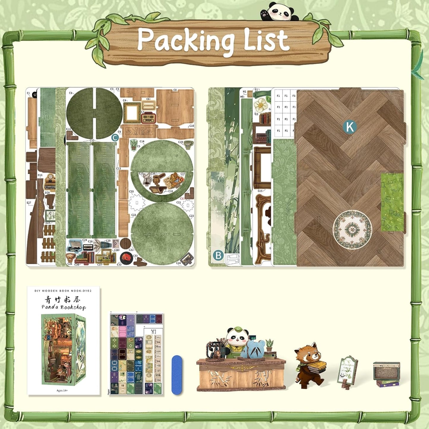 Cutefun DIY Book Nook Kit - Dollhouse Bookend Tiny House for Adults, 3D Wooden Puzzle DIY Miniature House Kit for Bookshelf Insert Decoration, Gifts for Friends and Family（Panda Bookshop）