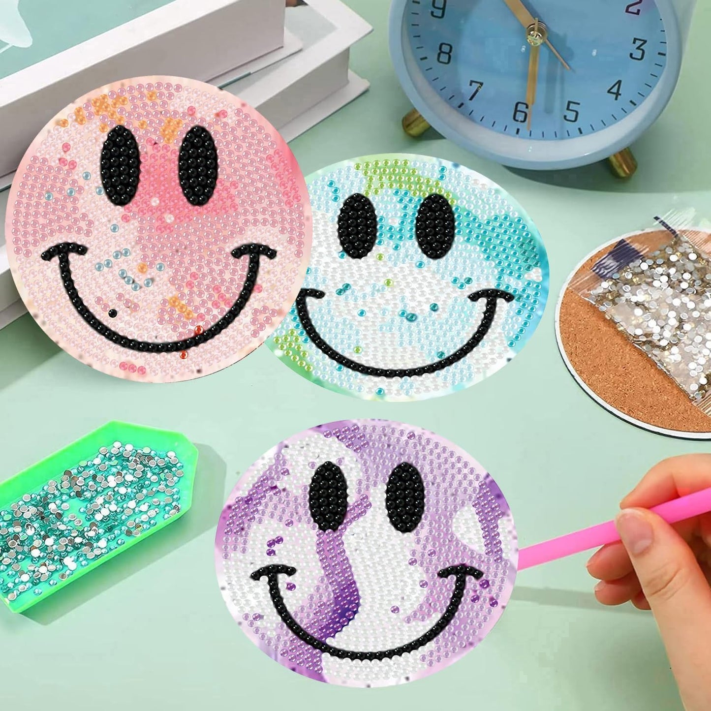 Meothan 8 Pcs Diamond Art Coasters Kits for Adults with Holder Cork Pads, Smile Face Diamond Dots Art Painting Coasters Crafts Kit for Home Office Decor (4x4in)