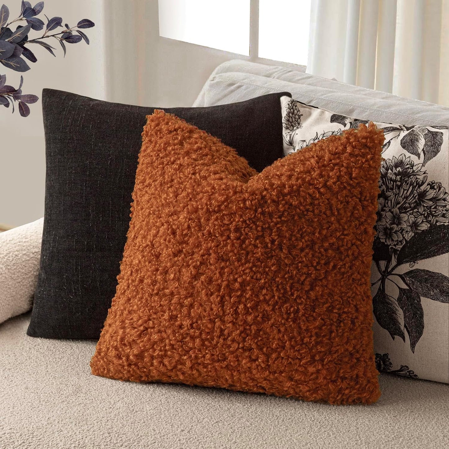 Foindtower 2 Pieces 20x20 Inch Burnt Orange, Faux Fur Throw Pillow Cover Accent Sherpa Furry Pillow Cover Fuzzy Soft Pillowcases Cozy Sheepskin Decorative Fleece Cushion Case for Bed Couch Living Room