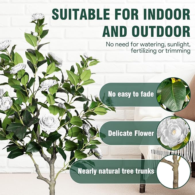 5Ft Artificial Camellia Tree in White Pot, White Faux Plant Indoor Outdoor (61"), Tall Flower Plant for Porch & Living Room Office Decor