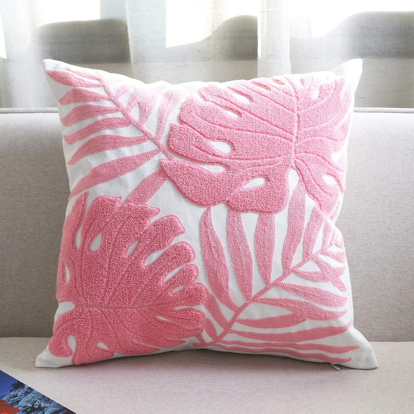 Embroidery Throw Pillow Cover 18x18 Home Decor Floor Pillow Cover for Couch Sofa Chair 100% Cotton Loop Embroidered Pink Tropical Leaves Cushion Cover Square Pillowcase 45x45cm, 1 Piece