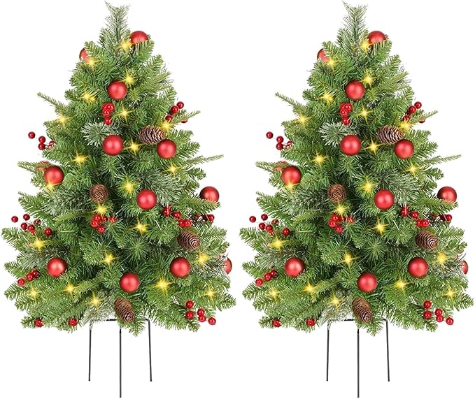 20'' Mini Artificial Christmas Tree with LED Lights Faux Pine Cones and Berrys Pre-lit Christmas Trees Christmas Urn Filler Small Xmas Trees for Outdoor Pathway Porch Yard - Set of 2