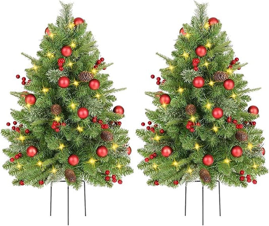 20'' Mini Artificial Christmas Tree with LED Lights Faux Pine Cones and Berrys Pre-lit Christmas Trees Christmas Urn Filler Small Xmas Trees for Outdoor Pathway Porch Yard - Set of 2