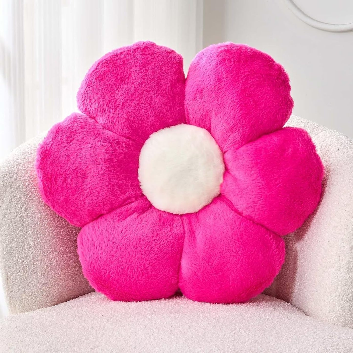 Hot Pink Flower Pillow, Cute Decorative Flower Shaped Throw Pillow with Faux Rabbit Fur, 14.9" Soft Flower Plush Throw Pillow Floor Pillows Room Décor for Bedroom Living Room